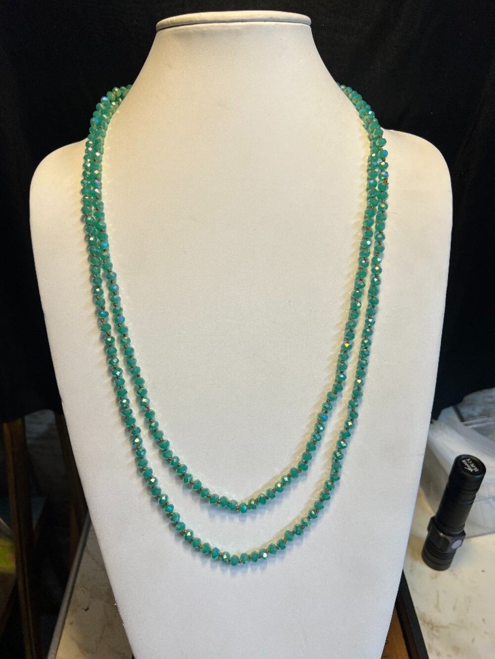 Faceted Glass Bead Layering Necklace, Turquoise, Hand Knotted, 60" Long